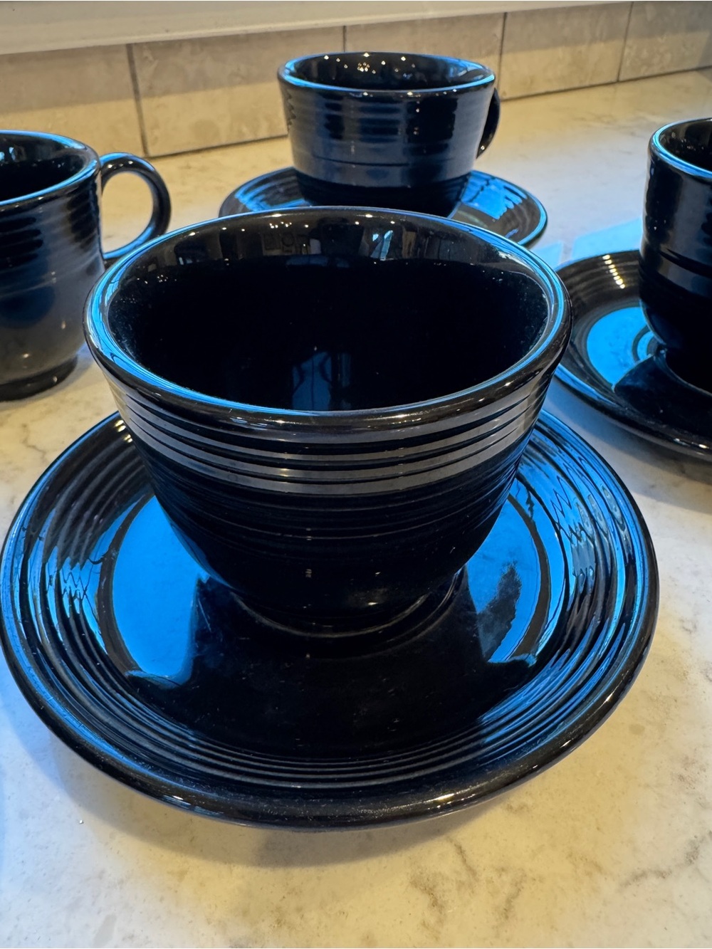 Vintage Fiestaware Coffee Tea Cup/saucer Black in black Set 6 with 1 extra cup.